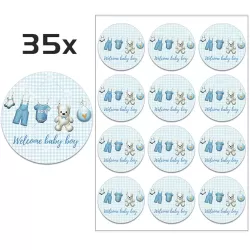 Birth Sticker Welcome Baby Boy - Envelope - Sealing - Baby Shower - 35 Pieces – Ø 3,5 cm