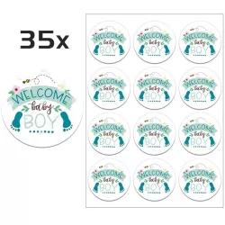 Birth Sticker Welcome Baby Boy - Envelope - Sealing - Baby Shower - 35 Pieces – Ø 3,5 cm