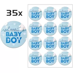 Geboorte Sticker Welcome To The World Baby Boy - Envelop - Sluitsticker -  Babyshower - 35 Stuks - Ø 3,5 cm