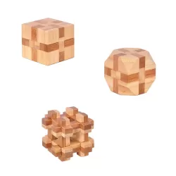 3D Bamboo Brain Puzzles Complex, Cube 2 and 3 - set of 3 pieces - 5x5 cm
