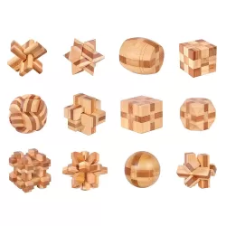 3D Bamboo Brain Puzzles Cross, Star, Barrel, Snowflake, Sphere, Complex 1-2, Cube1-2-3, Knot 1-2 - Set of 12 Pieces - 5x5 cm