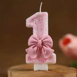 Birthday Candle 1 Pink with Bow - Number Candle - Cake Decoration