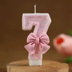 Birthday Candle 7 Pink with Bow - Number Candle - Cake Decoration