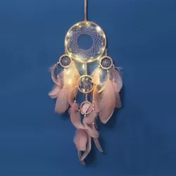 Dromenvanger Roze met Kralen en Veren en Led Verlichting - Dreamcatcher - 60x17 cm