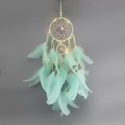 Dreamcatcher - dreamcatcher with beads and feathers - with LED lighting - 50x11 cm - mint green